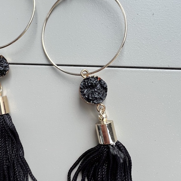 Gold and Black Tassel Hoop Earrings
